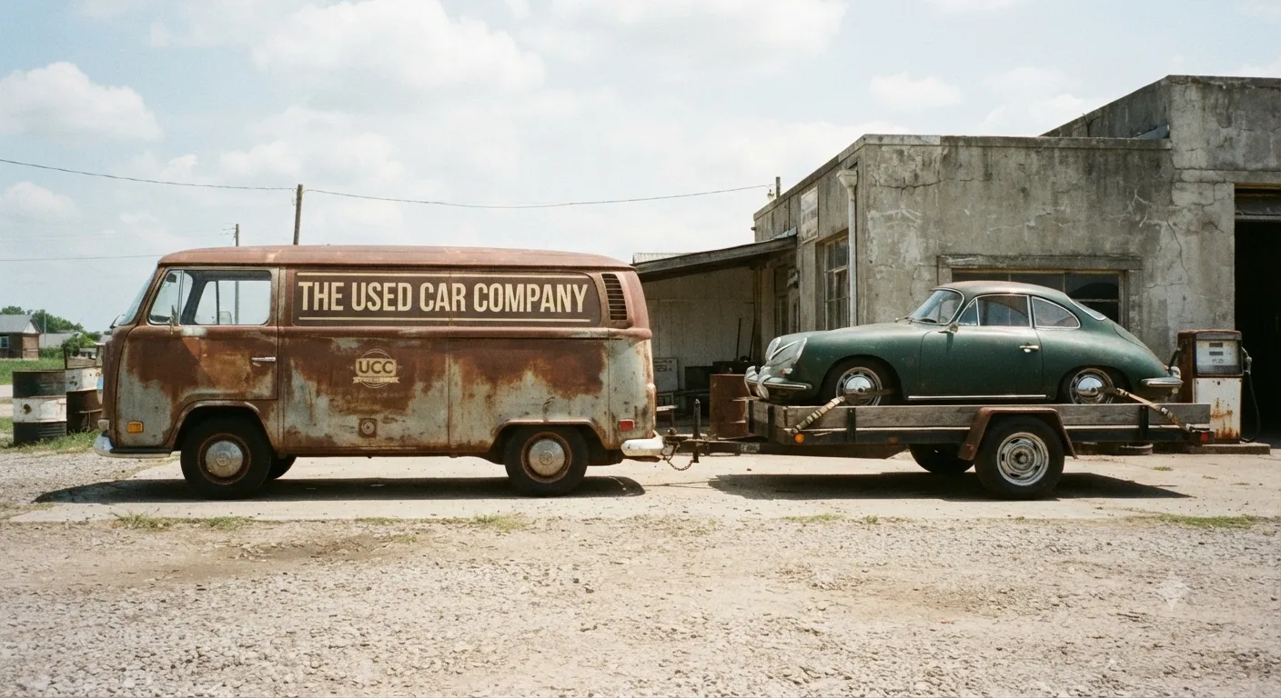 VW-Bus mit Schriftzug The Used Car Company und Porsche 356 vor einer alten Halle